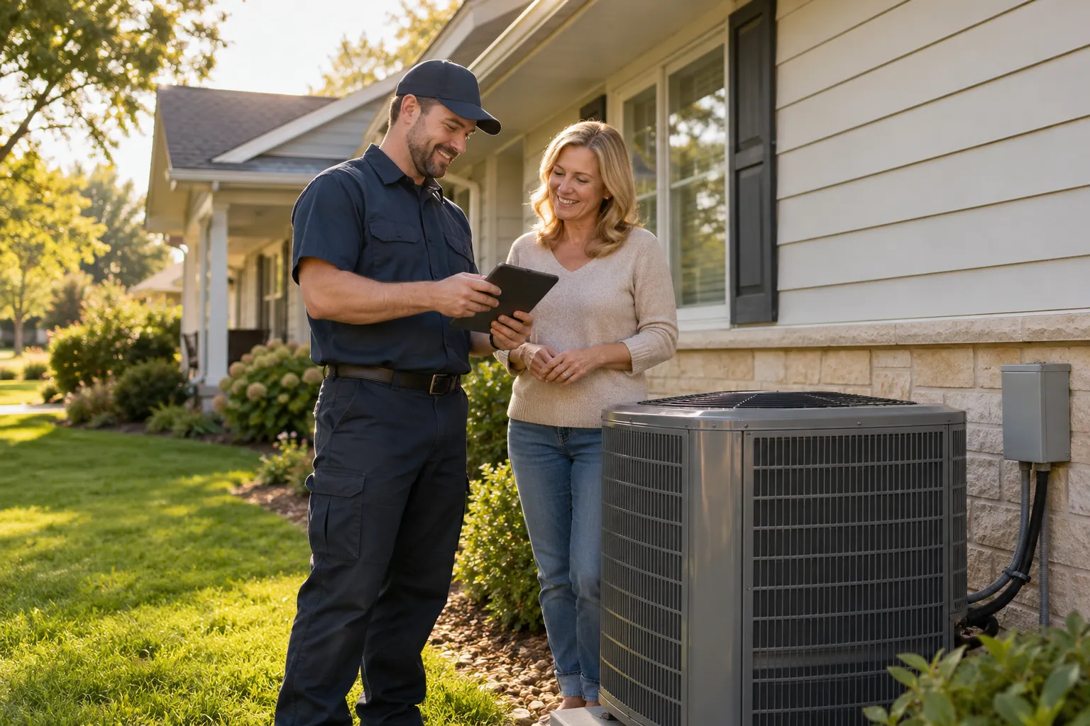 A friendly HVAC provider talking with a homeowner beside an outdoor air conditioner in Arlington Heights